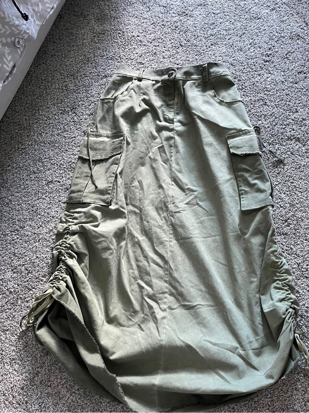 Utility Maxi Skirt with Side Drawstring in Olive